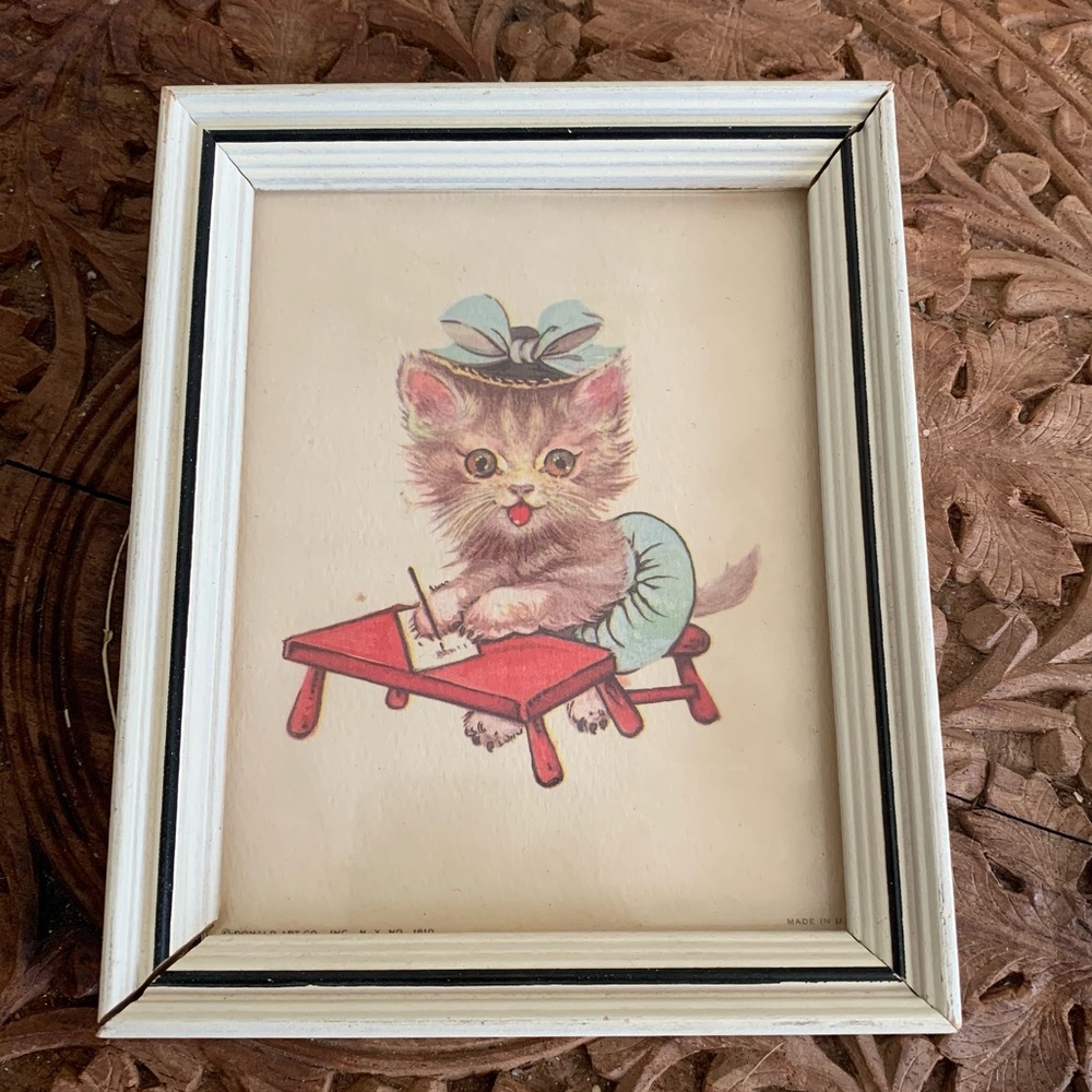 Rare Vintage Donald Art Co NY Framed Cat Writing On Desk No 1810 Anthropomorphic